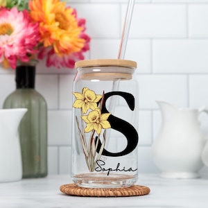 Personalized Birth Flower Tumbler With Name, Birthday Flower Glass, Coffee Cup, Mothers Day, Gifts for Her, Bridesmaid Proposal, Party Favor