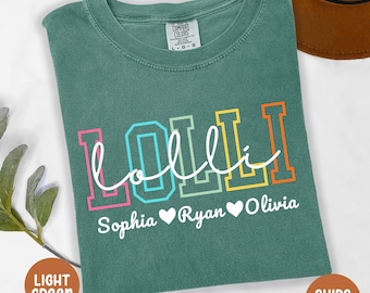 Custom Lolli Kids Names Comfort Colors Shirt, Lolli T-Shirt, Cute Lolli Tee-Shirt, Gift for Lolli,Personalized Grandma Grandmother  Mimi Tee