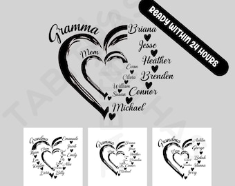 Herunterladbare personalisierte Oma Herz PNG, Mimi mit Kindern SVG Sublimation, Oma Designs, minimalistische Gigi Herz Png, Vinyl Sublimation