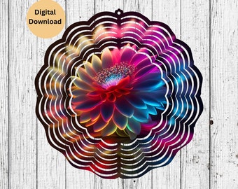 Daisy Flower Neon Wind Spinner Sublimation Png Design, Windspiel für Outdoor / Gärten, Sofortiger Download Hängende Windspiel Png Vorlage