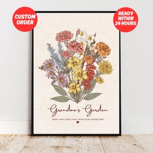 Impression de bouquet de famille fleurs de naissance, cadeau numérique personnalisé de fête des mères pour grand-mère, art floral pour le mois de naissance, cadeau d'anniversaire personnalisé pour maman