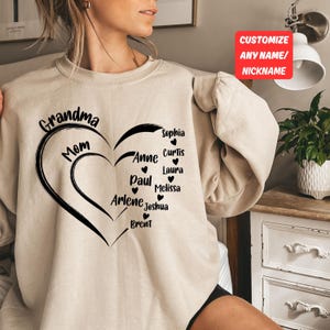 Custom Mom Grandma Heart Sweatshirt, Thanksgiving Grandparent Shirt, Nana Heart with kidnames,Personalized Christmas Nona with kidnames Gift