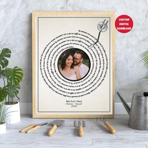 Impresión de letras personalizadas con foto, letra del primer baile, impresión PNG de canción de poema de boda, canción de pareja en forma de corazón, regalo de votos de aniversario de boda