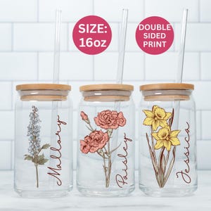 Personalized Birth Flower Tumbler With Name, Birthday Flower Glass, Coffee Cup, Mothers Day, Gifts for Her, Bridesmaid Proposal, Party Favor