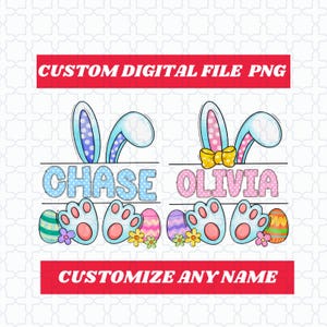 Benutzerdefinierte Junge Mädchen Name Ostern Sublimation PNG Designs Downloads, Osterhase Split Monogramm Name png, personalisierte Kindername Osterhase Png