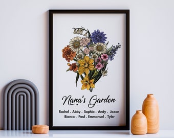 Grandma's Garden Birth Flower Print, Mother's Day Gift,Nana's Garden Decor,Birth Flower Bouquet Wall Art,Mom's Birthday Custom Digital Print