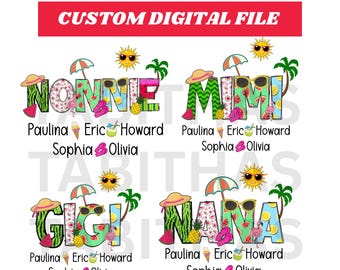 Descargas de diseños PNG de sublimación de nombre personalizado de verano, abuela Mimi Nana con nombres de niños PNG, Nana Summer Beach Vibes PNG, Hola Verano Gigi PNG