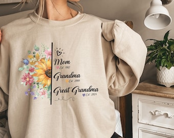 Personalized Sunflower Est Grandma Mom Sweatshirt,Custom Great Grandma Shirt Gift, Mother's Day Sweatshirt, Gigi Tee-shirt, Abuela T-shirt