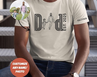 Personalized New Dad Est Shirt Portrait From Photo, Custom Dad Outline Photo T-shirt, Photo Shirt Grandpa, Father's Day Gift 2025,Papa Gift