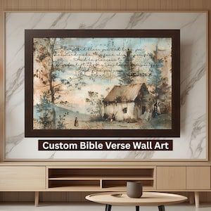 May include: Framed wall art featuring a watercolor painting of a rustic cabin in a landscape with trees. The artwork includes scriptural text and the words "Custom Bible Verse Wall Art" at the bottom.