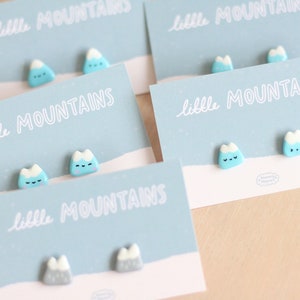 Super cute little glossy snowy mountain handmade stud earrings blue grey and white with 925 sterling silver backs