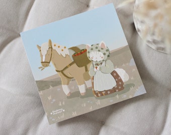Consegna di fragole attraverso la prateria sotto il sole dorato stampa quadrata gatto e pony 14 cm x 14 cm carta satinata