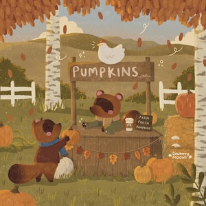 Timmy en Tommy in de pompoen patch Animal Crossing Square Art Print 14 x 14 gedrukt op zuurvrije satijnen kaart herfst/herfst van galerijkwaliteit
