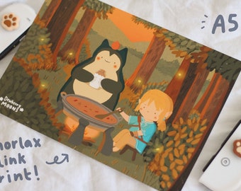 Pokemon x Zelda link cucina nella foresta stampa A5 ish 21 x 14 cm breath of the wild stampata su carta semi lucida di qualità da galleria