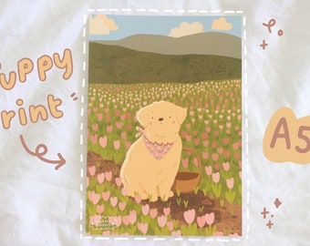 Stampa super carina del cucciolo di golden retriever Tulip in formato A5, 21 x 14 cm, stampata su carta semilucida.