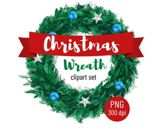 Christmas Wreath Clipart, Christmas ornament Clipart, Xmas Decor, digital Christmas illustration, Holidays winter PNG clipart set Noël decor