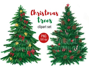 Christmas Trees Clipart, Christmas ornament Clipart, Xmas Decor, digital Christmas illustration, Holidays winter PNG clipart set Noël decor