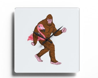 Bigfoot is Real Flamingo Wall Clock Battery Operated Silent Movement 10.75 inches Bigfoot Acrylic Analog Sasquatch Gift Flamingo Lover Gift
