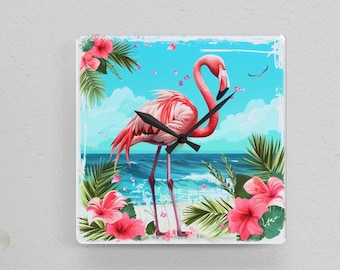 Pink Flamingo Beach Style Analog Wall Clock, Wood Frame,  Battery Operated with Silent Movement, 10 inch, Beach house decor