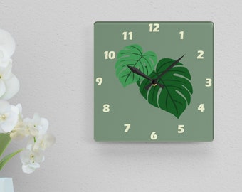 Monstera Leaves Acrylic Analog Wall Clock Battery Operated Silent 10.75" Green Plant monstera albo monstera mint monstera aurea
