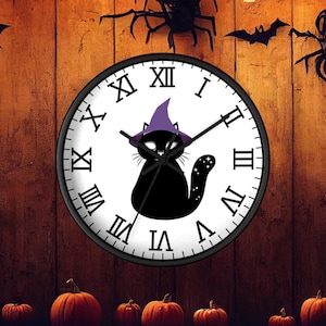Spooky Black Cat Analog Wall Clock, Wood Frame,  Battery Operated, 10 inch, Black Cat with Purple Hat, Thanksgiving or any fall theme decor