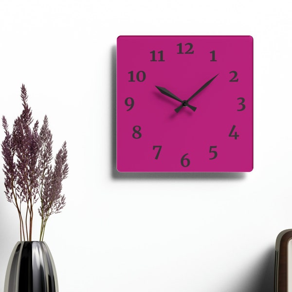 Horloge murale en acrylique rose magenta, Fonctionne sur batterie avec mouvement silencieux, 25,4 cm, Horloge murale rose magenta, design minimaliste