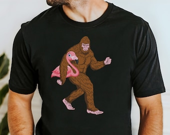 Bigfoot with Pink Flamingo Shirt Cryptid Sasquatch with a twist camping shirt Father's Day Gift for Dad Summer Shirt Zen Shirt