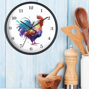 Vibrant Chicken Wall Clock, Farmhouse Kitchen Clock, Funny Chicken Gift, Chicken Decor, Rustic Rooster Clock, Colorful Poultry Wall Art, 10&quot;