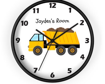 Boy's Room Custom Name  Dump Truck Wall Clock, construction vehicle dump truck, baby boy gift, wooden wall clock, boys room wall clock 10"