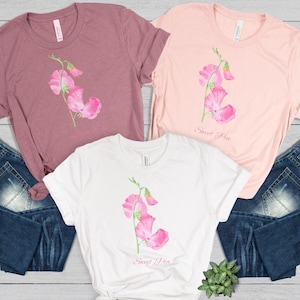 Sweet Pea Flowers Watercolor Print T-Shirt Baby Sweet Pea Plant lover Gift Plant Lady Shirt Garden Mom Shirt sweet pea seeds flower