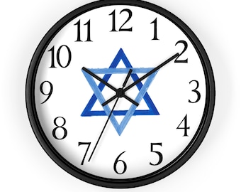 Star of David Jewish Analog Wall Clock, Black Wood Frame,  Battery Operated with Silent Movement, 10 inch, Jewish Wall decor