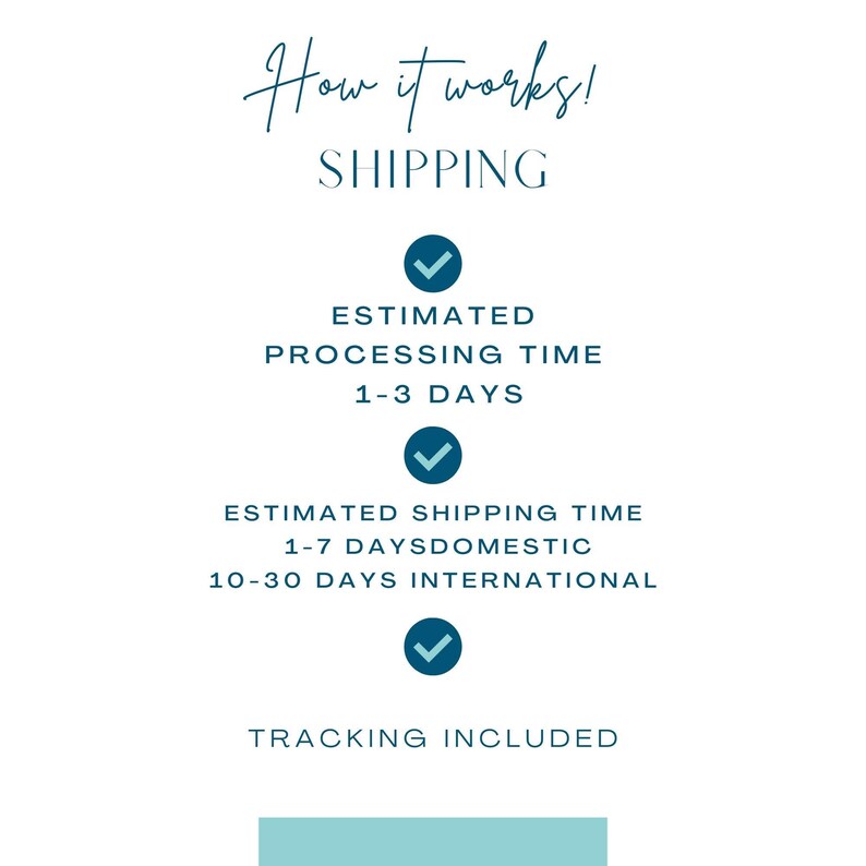 May include: White background with teal text that reads "How it works! SHIPPING" with checkmarks and text indicating estimated processing and shipping times. The text also states "Tracking Included."