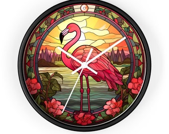 Pink Flamingo Stained Glass Style Analog Wall Clock, Wood Frame,  Battery Operated with Silent Movement, 10 inch, Beach house decor