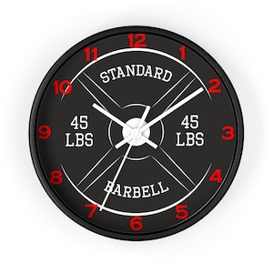 Barbell wall clock 45lb Barbell Weight Gym Clock Wall Clock Red Numbers Analog Battery Operated Silent Movement 10 inch Wall Clock workout