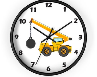 Boy's Room Wrecking Ball Truck Wall Clock, construction vehicle, baby boy gift, wooden wall clock, boys room decor, unique wall clock 10"