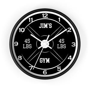 Reloj de pared con barra y nombre personalizado, decoración para gimnasio, reloj personalizado para sala de pesas de 10 pulgadas, reloj para gimnasio, reloj con pesas de 45 libras