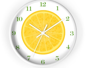 Lemon Slice Wall Clock with Citrus themed lemon decor great for kitchen, bridal and baby gift 10 inches across