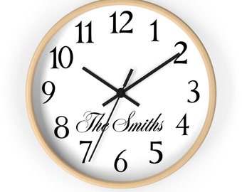 Custom Name Analog Wall Clock Wood Frame Battery Operated with Silent Movement 10 inch White Face Wall Clock Minimalist design Personalize