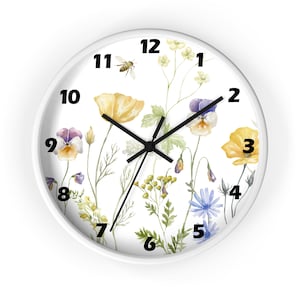 Wild Flower House Clock Floral Wall Art Glass 10 Clock Watercolor Design Home Decor Housewarming Gift  Floral kitchen unique wall clock