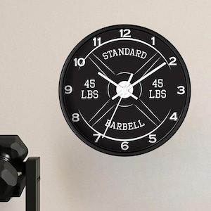 45lb Barbell Gym Clock: Silent Analog Wall Decor 10" wide with Plexiglass cover Great for Home Gym