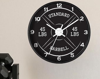 45lb Barbell Gym Clock: Silent Analog Wall Decor 10" wide with Plexiglass cover Great for Home Gym
