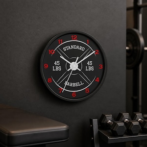 Barbell Weight Gym Wall Clock 45lb Analog 10in, Red Numbers, Silent
