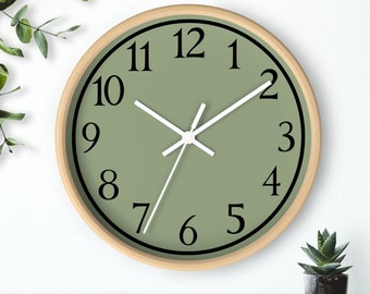 Green Analog Wall Clock, Wood Frame,  Battery Operated with Silent Movement, 10 inch, Green Face Wall Clock with Numbers,  Minimalist design