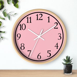 Pink Analog Wall Clock, Wood Frame,  Battery Operated with Silent Movement, 10 inch, Pink Face Wall Clock with Numbers,  Minimalist design