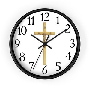 Christian Cross Analog Wall Clock Black Wood Frame Battery Operated with Silent Movement 10 inch Jesus Cross decor Easter Gift Church decor