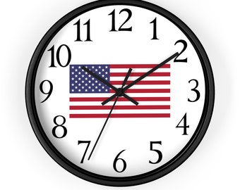 USA Flag Analog Wall Clock, Black Wood Frame,  Battery Operated with Silent Movement, 10 inch, US Flag decor, Military decor for office