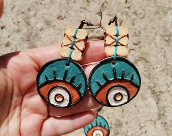 Conjunto de joyas de cerámica esmaltada con forma de ojo verde y marrón, collar y pendientes