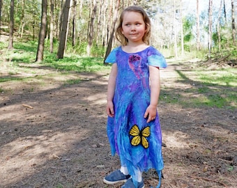Blue fairy dress for girls / Felt summer dress with a butterfly / Purple silk and wool dress for little princess / Unique birthday dress