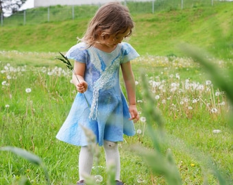 Blue fairy dress for girls / Felt summer baby dress  / Sky blue silk and wool dress for little princess / Frozen Elsa dress