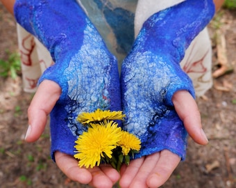 Felt blue  fingerless mittens /  exclusive felted gloves / unique blue handwarmers / eco fashion accessory /  handmade merino wool wrist